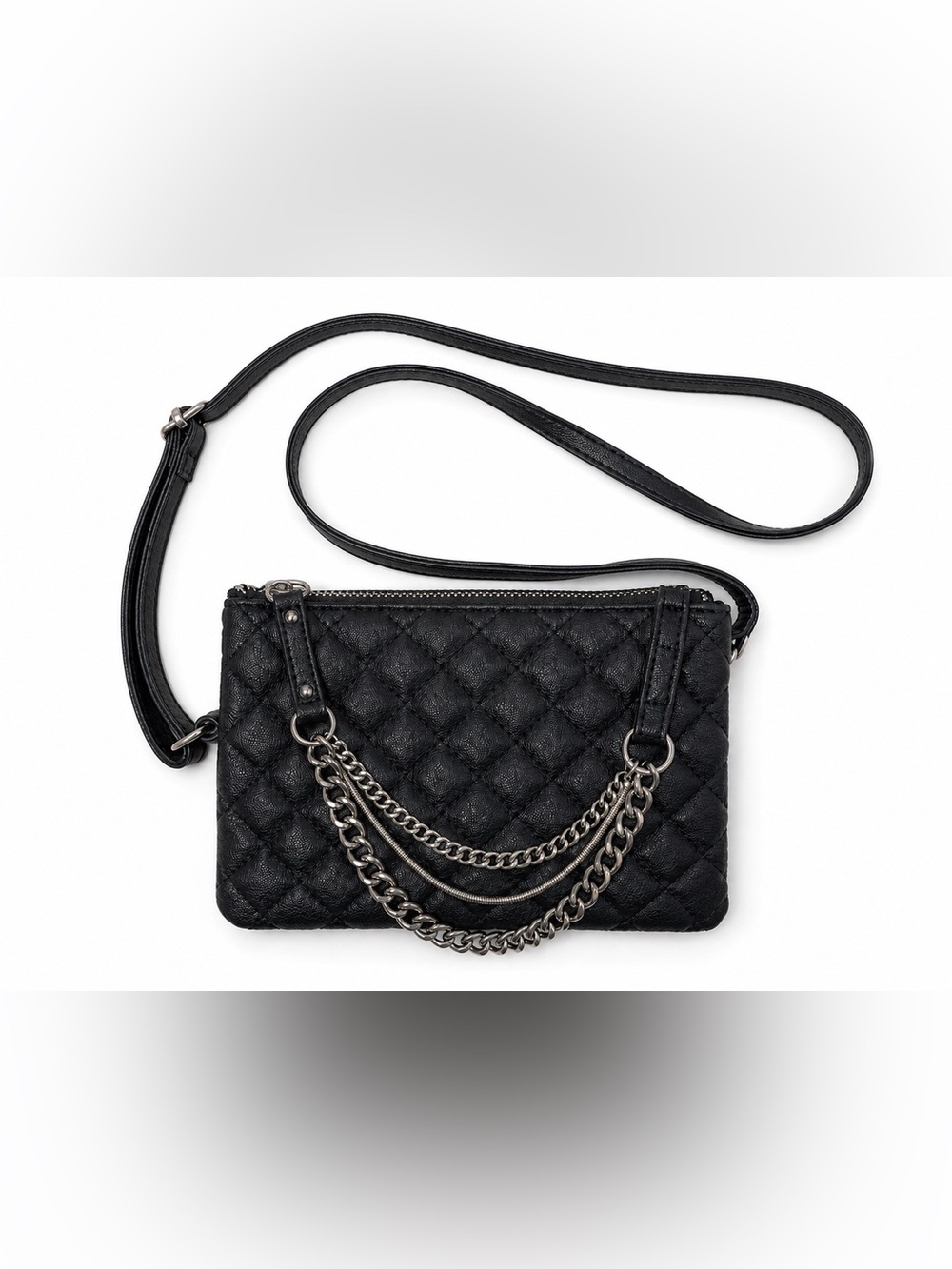 Express Women’s Black Quilted Crossbody Bag with Silver Chain Accent
